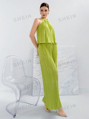 Women's Green Neckline Top & Wide Leg Pants Two Piece Set,Summer Two Piece Outfits,Commuter Elegance,Daily And Vacation,Pleated Fabric