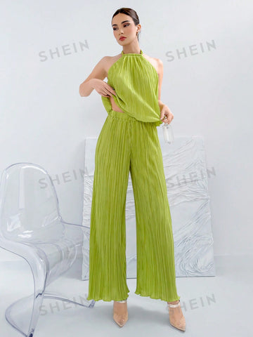 Women's Green Neckline Top & Wide Leg Pants Two Piece Set,Summer Two Piece Outfits,Commuter Elegance,Daily And Vacation,Pleated Fabric