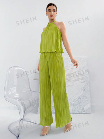 Women's Green Neckline Top & Wide Leg Pants Two Piece Set,Summer Two Piece Outfits,Commuter Elegance,Daily And Vacation,Pleated Fabric