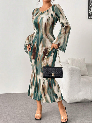 Women's Green Tie Dye Cinched Waist Pleat Fish Tail Hem Elegant Dress