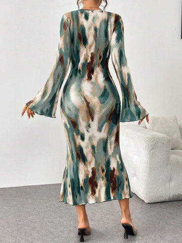 Women's Green Tie Dye Cinched Waist Pleat Fish Tail Hem Elegant Dress