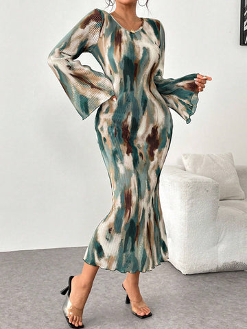 Women's Green Tie Dye Cinched Waist Pleat Fish Tail Hem Elegant Dress