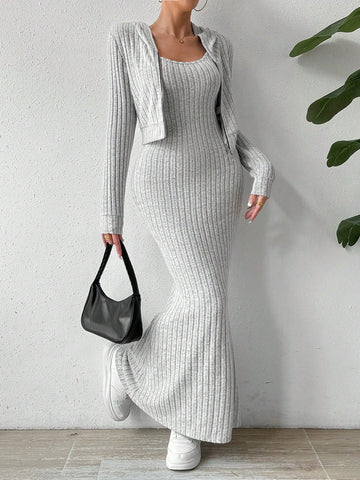 Women's Grey Zippered Top & Spaghetti Strap Dress Two Piece Set