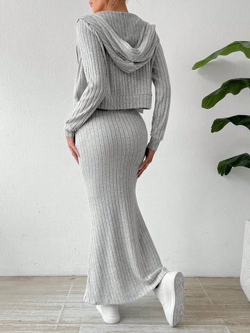 Women's Grey Zippered Top & Spaghetti Strap Dress Two Piece Set