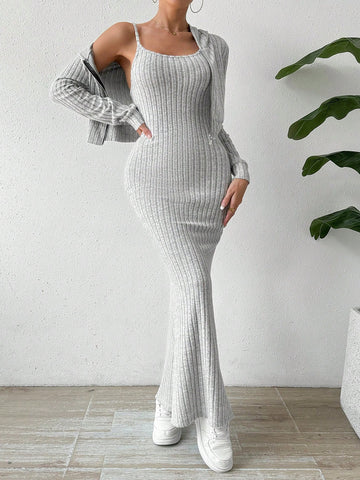 Women's Grey Zippered Top & Spaghetti Strap Dress Two Piece Set
