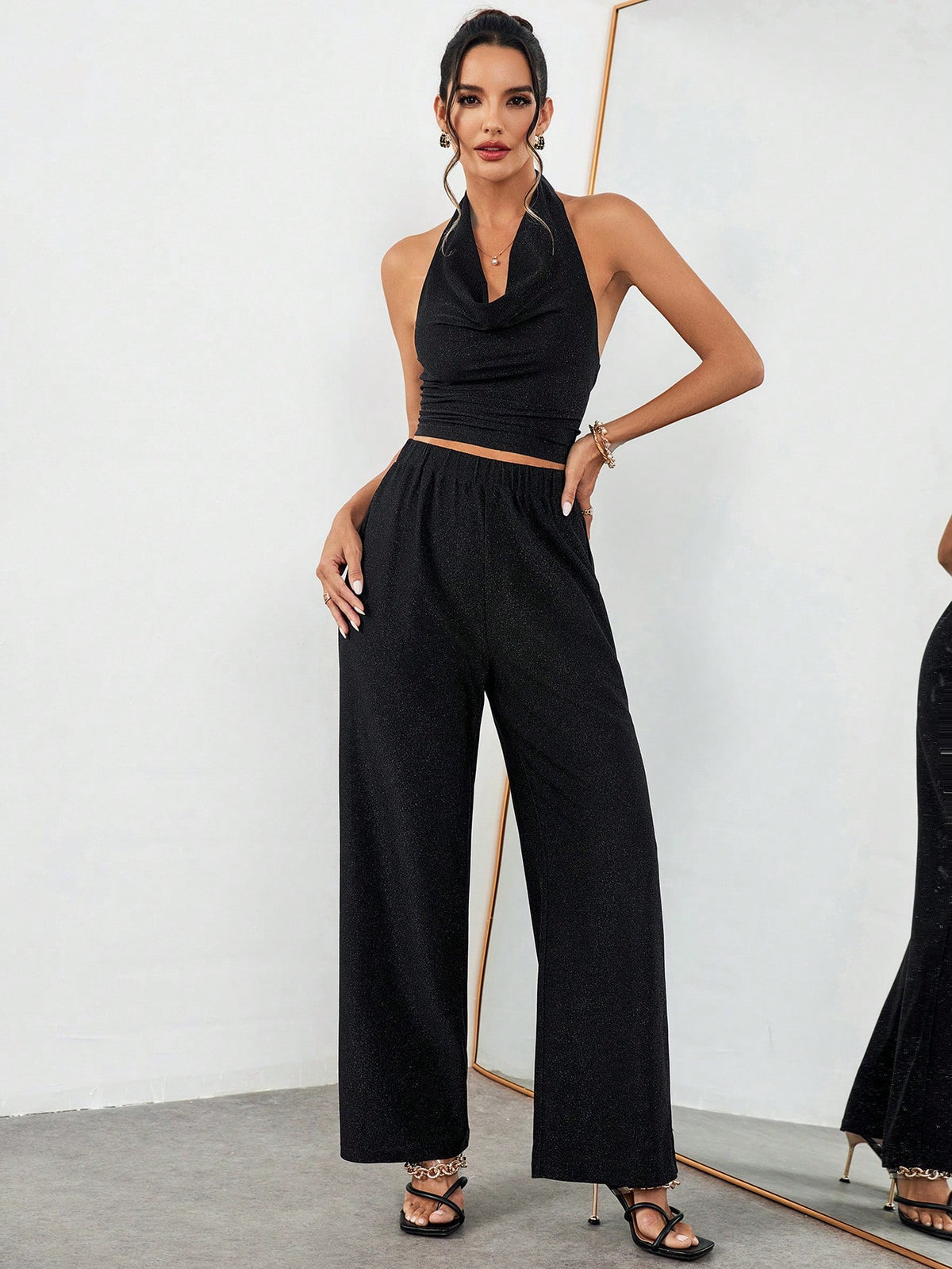 Women's Halter Draped Collar Deep Backless Top And High Waisted Pants Set