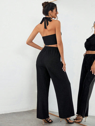 Women's Halter Draped Collar Deep Backless Top And High Waisted Pants Set