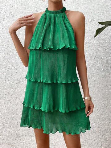 Women's Halter Neck Pleated Sleeveless Dress With Layered Design