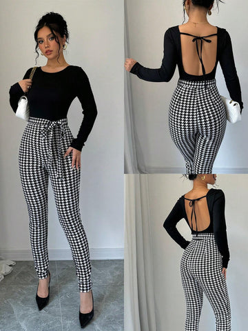 Women's Houndstooth Crew Neck Long Sleeve Jumpsuit