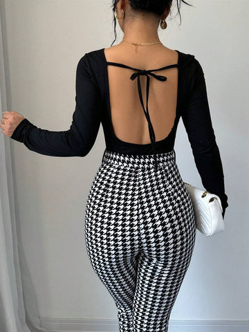 Women's Houndstooth Crew Neck Long Sleeve Jumpsuit