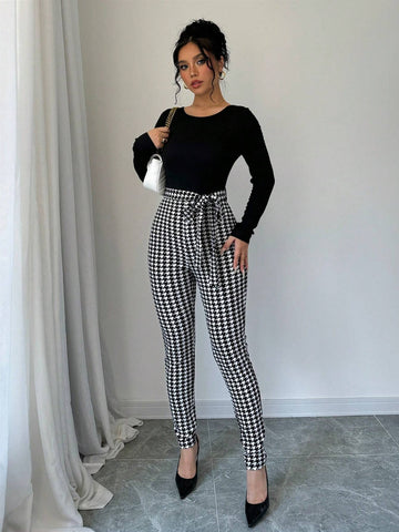 Women's Houndstooth Crew Neck Long Sleeve Jumpsuit