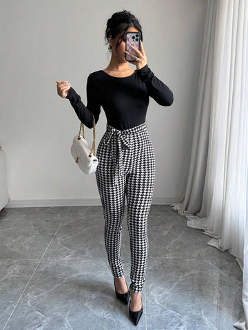 Women's Houndstooth Crew Neck Long Sleeve Jumpsuit