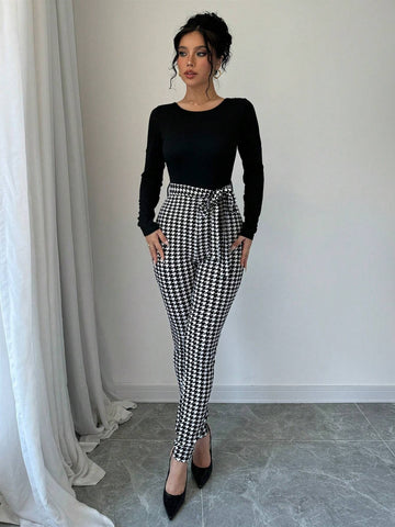 Women's Houndstooth Crew Neck Long Sleeve Jumpsuit