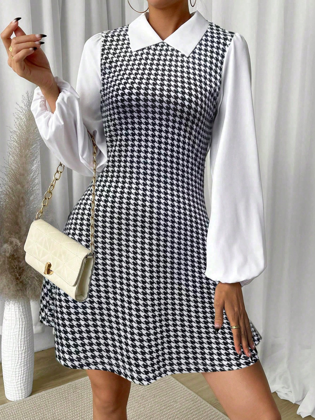Women's Houndstooth Print Lapel Collar Elegant Long Sleeve Dress