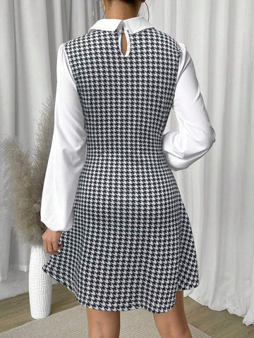 Women's Houndstooth Print Lapel Collar Elegant Long Sleeve Dress