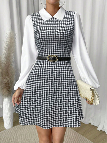 Women's Houndstooth Print Lapel Collar Elegant Long Sleeve Dress