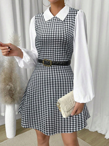 Women's Houndstooth Print Lapel Collar Elegant Long Sleeve Dress