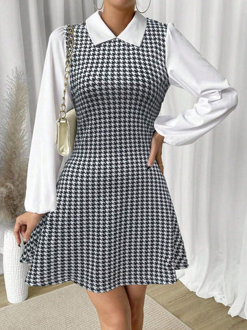 Women's Houndstooth Print Lapel Collar Elegant Long Sleeve Dress