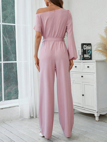 Women's Irregular V-neck Jumpsuit With Batwing Sleeves And Waist Belt