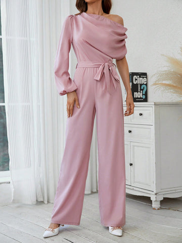 Women's Irregular V-neck Jumpsuit With Batwing Sleeves And Waist Belt