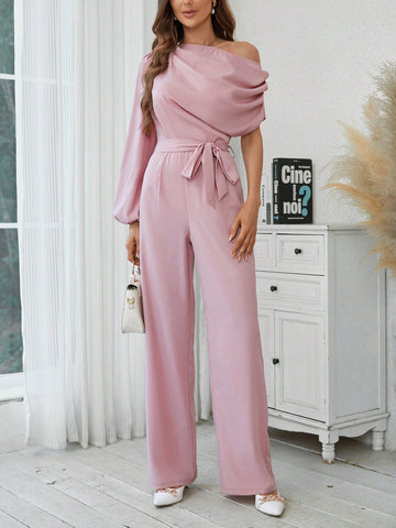 Women's Irregular V-neck Jumpsuit With Batwing Sleeves And Waist Belt