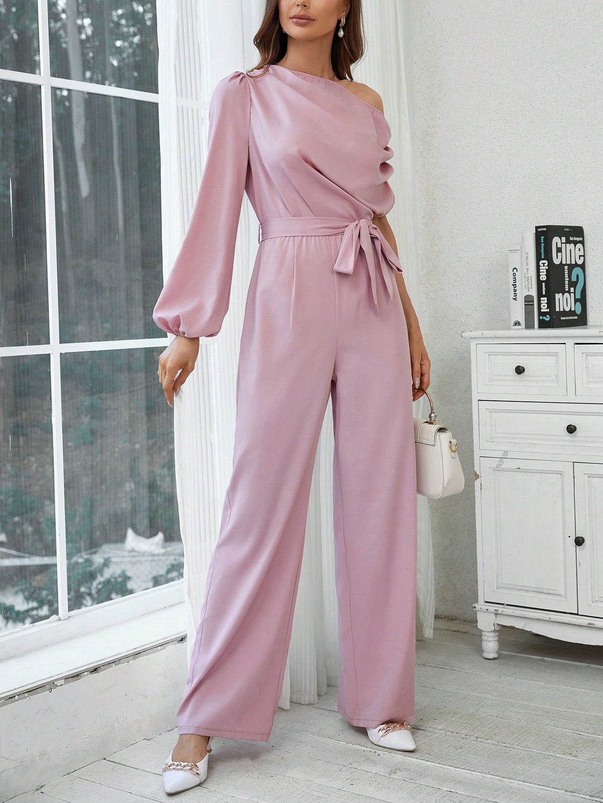 Women's Irregular V-neck Jumpsuit With Batwing Sleeves And Waist Belt