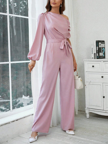 Women's Irregular V-neck Jumpsuit With Batwing Sleeves And Waist Belt