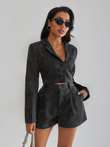 Women's Jacquard Crop Top Jacket With Shorts Two Piece Set