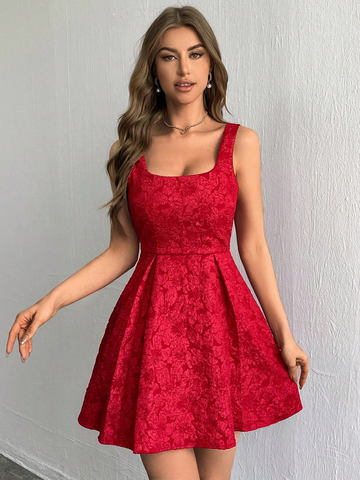 Women's Jacquard U-Neck Pressed Pleats Detail Dress