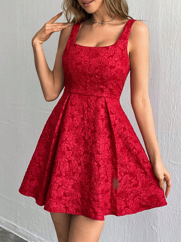 Women's Jacquard U-Neck Pressed Pleats Detail Dress