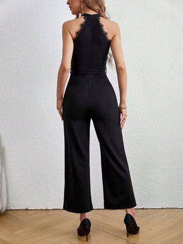 Women's Lace Off-shoulder Black Jumpsuit With Bow Detail