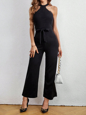 Women's Lace Off-shoulder Black Jumpsuit With Bow Detail