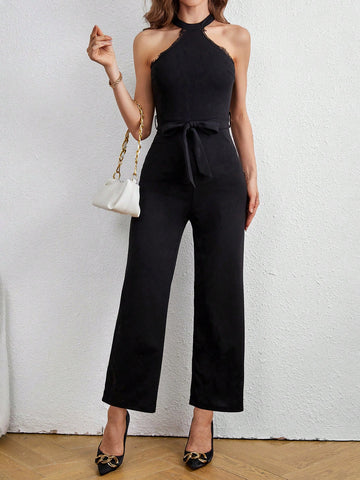 Women's Lace Off-shoulder Black Jumpsuit With Bow Detail