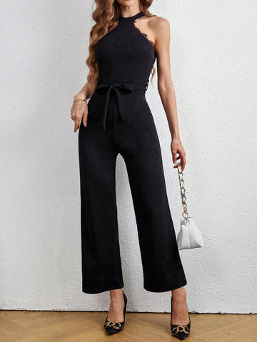 Women's Lace Off-shoulder Black Jumpsuit With Bow Detail