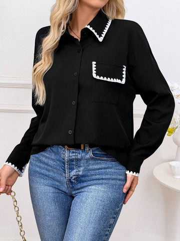 Privé Women's Lace Patchwork Button-Front Shirt Collar Long-Sleeved Blouse, Casual Everyday Wear