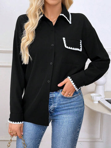 Privé Women's Lace Patchwork Button-Front Shirt Collar Long-Sleeved Blouse, Casual Everyday Wear