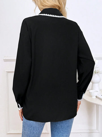 Privé Women's Lace Patchwork Button-Front Shirt Collar Long-Sleeved Blouse, Casual Everyday Wear