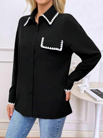 Privé Women's Lace Patchwork Button-Front Shirt Collar Long-Sleeved Blouse, Casual Everyday Wear