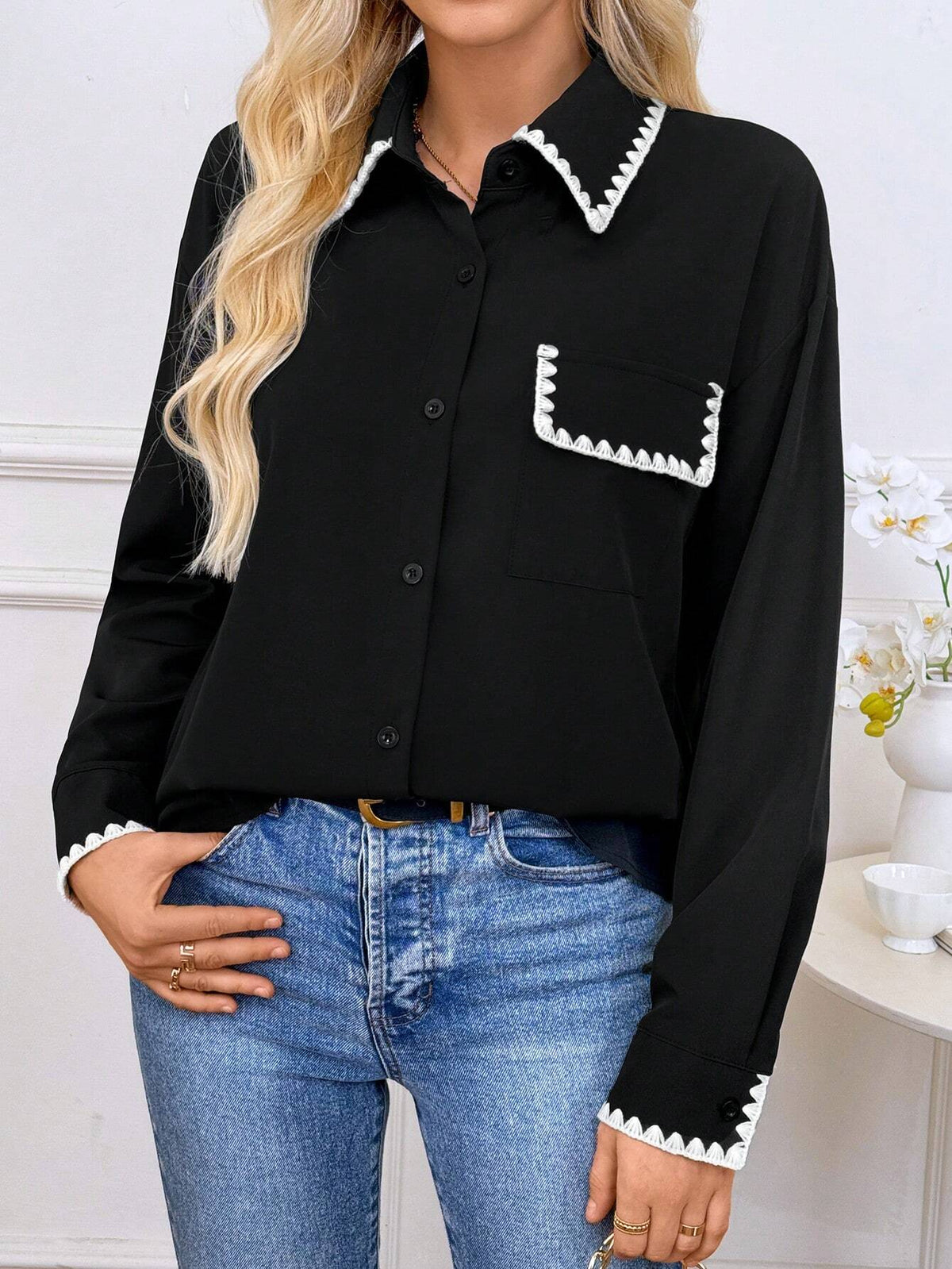 Privé Women's Lace Patchwork Button-Front Shirt Collar Long-Sleeved Blouse, Casual Everyday Wear