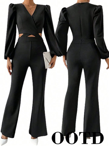 Women's Lantern Sleeve Waist Cutout Jumpsuit