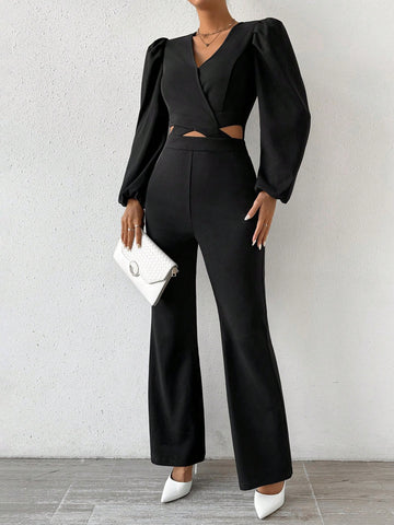 Women's Lantern Sleeve Waist Cutout Jumpsuit