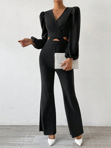 Women's Lantern Sleeve Waist Cutout Jumpsuit