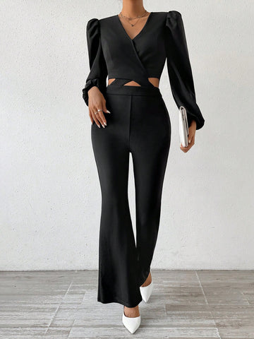 Women's Lantern Sleeve Waist Cutout Jumpsuit
