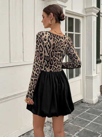 Women's Leopard Pattern Round Neck Long Sleeve Waist Ruched Peplum Design French Style Fashi