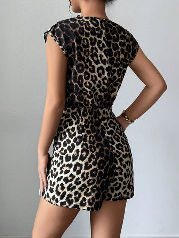 Women's Leopard Print Funnel Neck Patchwork Asymmetrical Hem Romper