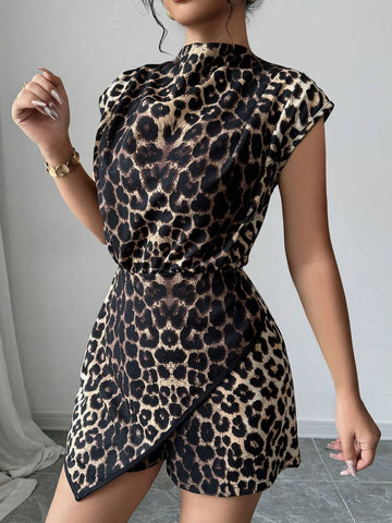 Women's Leopard Print Funnel Neck Patchwork Asymmetrical Hem Romper