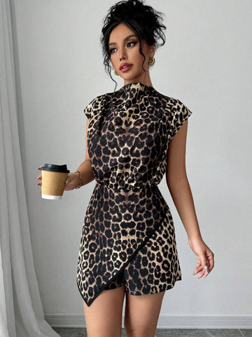 Women's Leopard Print Funnel Neck Patchwork Asymmetrical Hem Romper