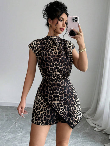 Women's Leopard Print Funnel Neck Patchwork Asymmetrical Hem Romper