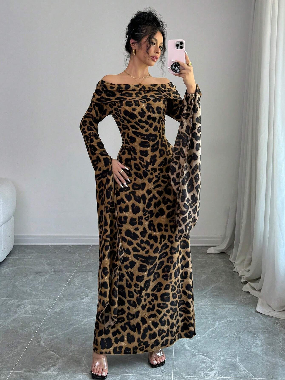 Women's Leopard Print Off Shoulder Extra Long Sleeve Elegant Dress