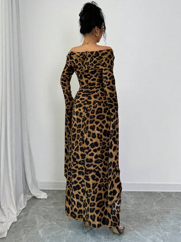 Women's Leopard Print Off Shoulder Extra Long Sleeve Elegant Dress